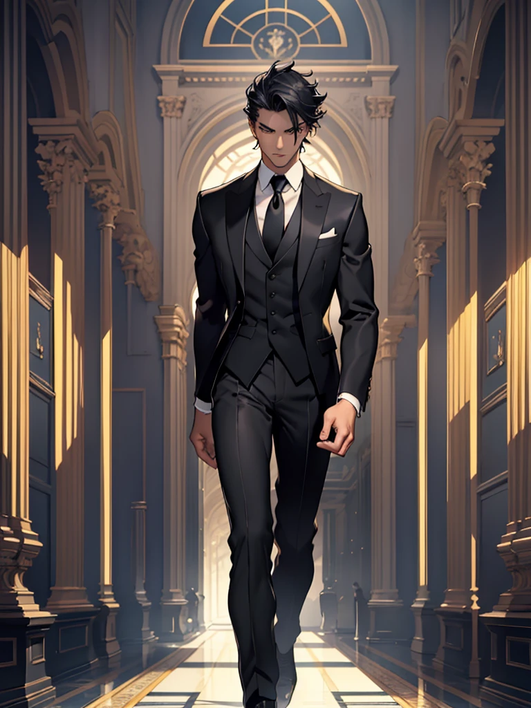 Ilustrasi novel... A man with an attractive and mysterious appearance. wearing an elegant dark suit, complete with a neat black tie. His hair is dark and regular, creating a firm yet mysterious impression. Sharp eyes imply intelligence and deep observation. an aura of strong self-confidence, which conveys a figure that is not easy to approach but is very strong.