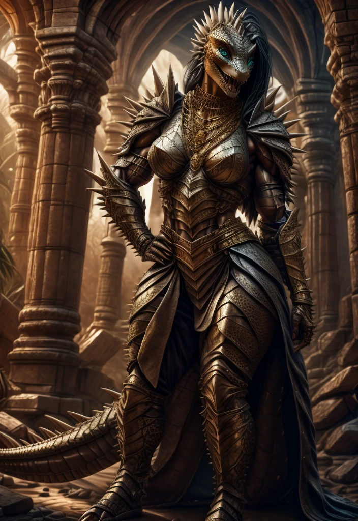 UHD 8k, HDR+, Masterpiece, best quality, 8k, cinematic lighting, hyper-realistic, Portrait, woman transformed into female lizard, black hair, scale skin, muscular female, detailed eyes, big eyes, Detailed mouth, bright smile, sharp nails, small breasts1.5, (spiky armor, Shoulder armor, gold), necklace, Big butt, hands on hips, (lizard tail, tail upright), standing on the ruins, rainforest