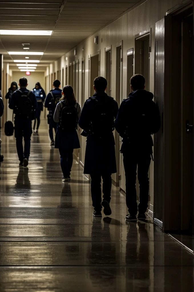 Students huddled in dark classrooms, listening to the intruder's footsteps echoing through the halls.