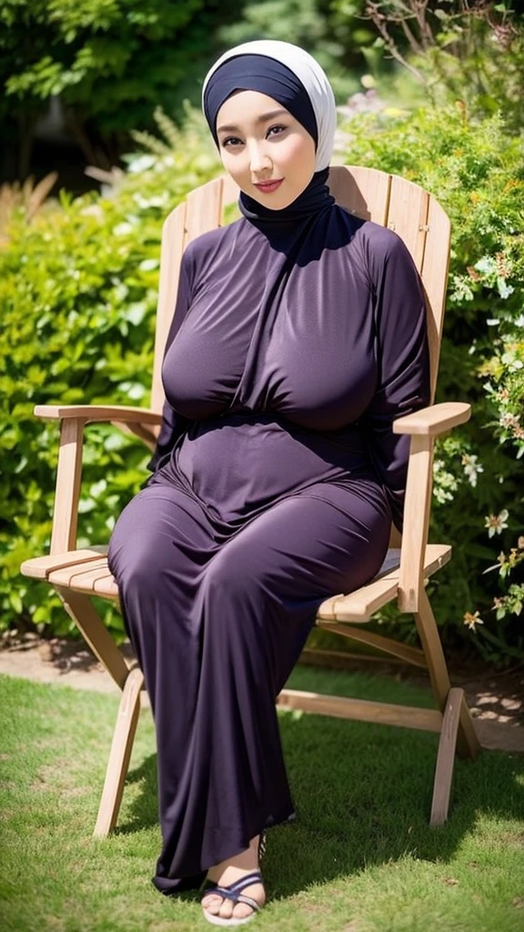 1 woman, woman wearing a hijab, 31 years old, Asian woman, seductive woman, passionate woman, big and round breasts, big hips, naked, sitting charmingly on a garden chair