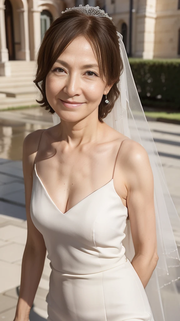 ((Highest quality)), ((8K)), ((masterpiece: 1.3)), (Perfect appearance), (Photorealism: 1.6), (JMA), (KE), (Japan Bride), (In front of the church), (sunny), Japanese women, (60 years old), (Natural light), ((Stand upright, Look forward, Center of screen)), ((Realistic skin texture)), (Fine wrinkles appear all over the skin), (Dullness), (Unmoisturized skin) , (Facial wrinkles), (Wrinkles around the eyes), double eyelid, Lower eyelid tear trough, The eyes are looking here, (Dimples), Laugh with the corners of your mouth wide open, Short Hair, (Blonde Hair), (Wedding dress), (Mermaid Line Dresses), (Face-hiding veil), (Bridal Veil), High heels, (Bouquet in hand), (Upper Body), (Angle from the feet),