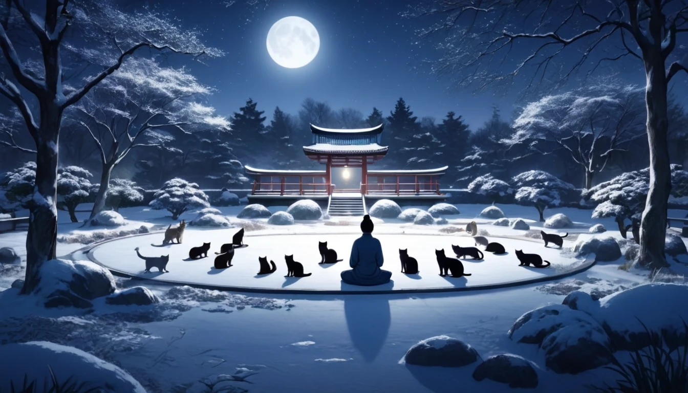 Oriental person meditating surrounded by cats. The setting is a Japanese winter garden, under the moonlight. Beautiful landscape with a winter garden.   night sky. cinematic lighting. Person meditating. meditation 