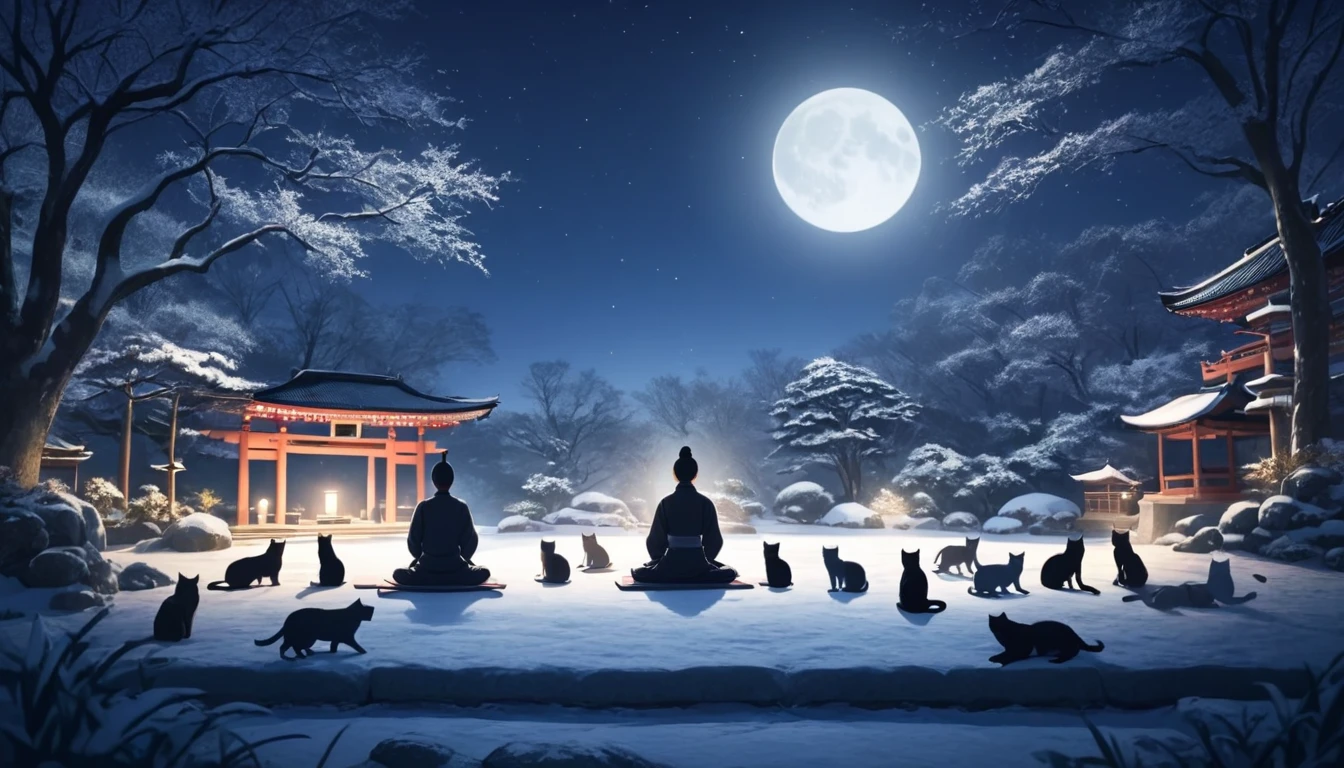 Oriental person meditating surrounded by cats. The setting is a Japanese winter garden, under the moonlight. Beautiful landscape with a winter garden.   night sky. cinematic lighting. Person meditating. meditation 