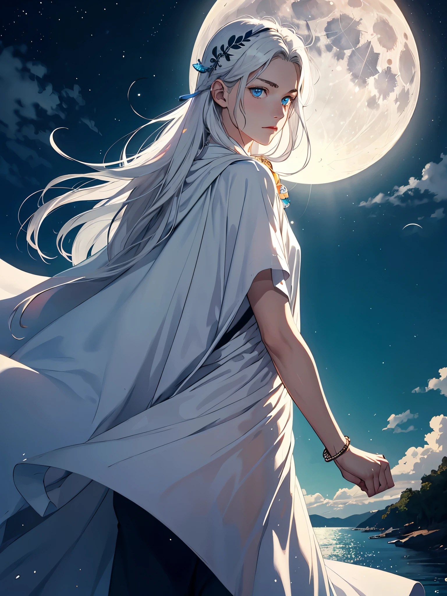 Long hair. long white hair. aquatic, boy, Goddess of the Moon, silver hair accessories, White hair, White dress, cape, at night, saturated colors, light eyes, bright, light blue light, blue eyes, Jewelry silver, bluish light, Full moon in the background, aquatic in der Luft rosa kerzen