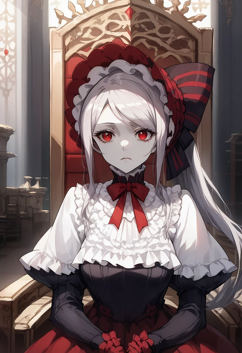 shalltear bloodfallen, anime style, bonnet, hairbow, silver hair, pale skin, red eyes, throne room, hd, detailed 