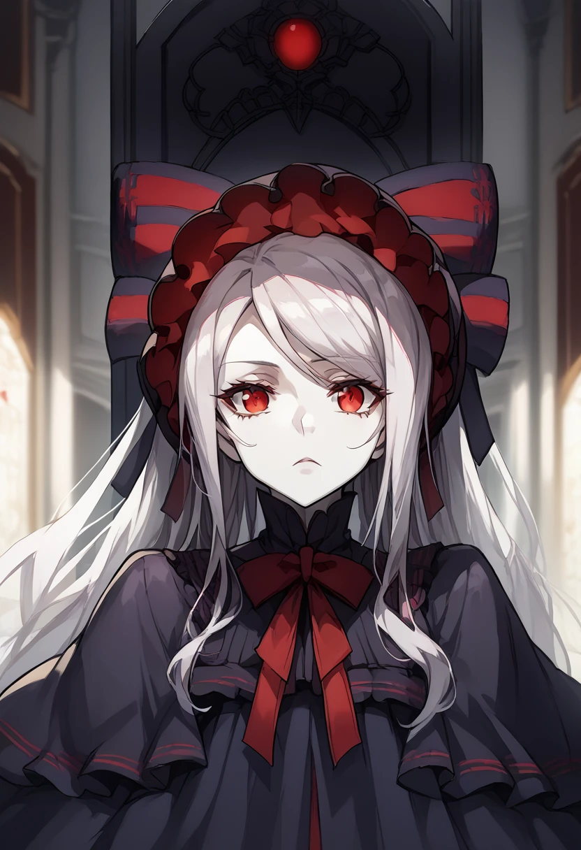 shalltear bloodfallen, anime style, bonnet, hairbow, silver hair, pale skin, red eyes, throne room, hd, detailed 