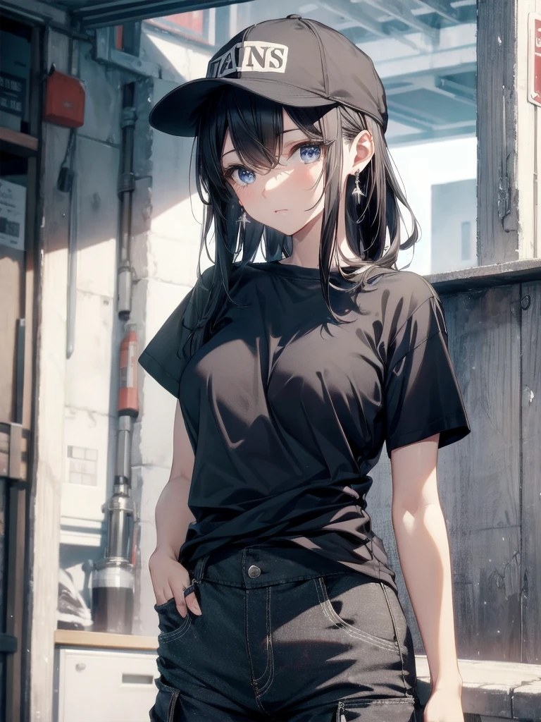 absurdres, RAW photo, extremely delicate and beautiful, masterpiece, Best Quality, ultra high resolution, 32k, hyperrealistic, ultra-detailed, perfect figure, in her 20s, very small head, very small face, delicate facial features, tearful mole, earring, very huge breasts, full body shot, medium hair, black hair,  baseball cap, black T-shirt, cargo shorts,