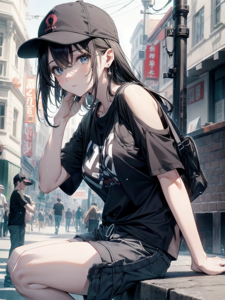 absurdres, RAW photo, extremely delicate and beautiful, masterpiece, Best Quality, ultra high resolution, 32k, hyperrealistic, ultra-detailed, perfect figure, in her 20s, very small head, very small face, delicate facial features, tearful mole, earring, very huge breasts, full body shot, medium hair, black hair, baseball cap, black T-shirt, cargo shorts,