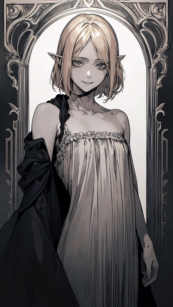 Highest quality, (Background details), High Contrast, Very beautiful , Detailed original illustrations,very small stature、Baby Face、Villain、gnome, Wavy platinum blonde hair、 Delicate face, Spoiled brat、White sundress、Real breasts, Flat Chest、Wicked Smile, Evil Eye, Black background, (Black background: 1. 5), Beautiful line art, Monochrome