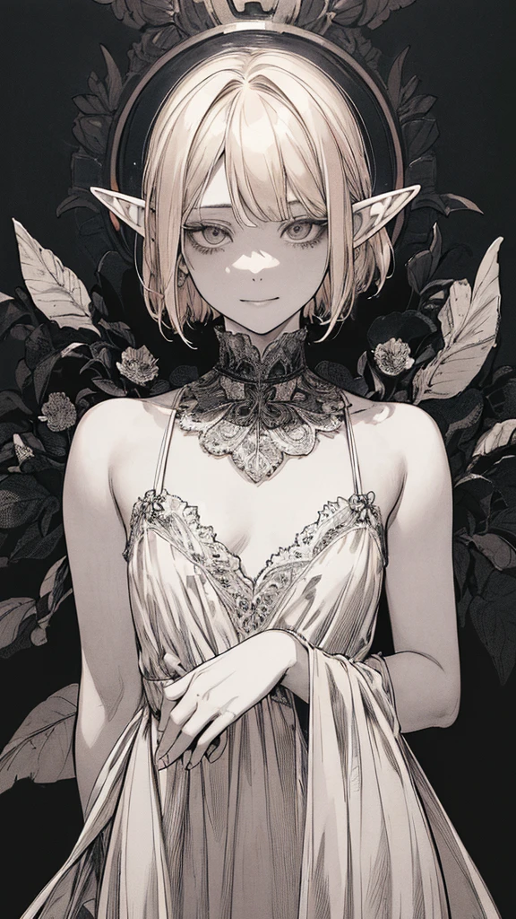 Highest quality, (Background details), High Contrast, Very beautiful , Detailed original illustrations,Very small stature、Villain。Fairy, Wavy platinum blonde hair、Bob Cut Hair、 Delicate face,  Naughty kid、White sundress、Real breasts, Flat Chest、Crazy Smile, Crazy Eyes, Black background, (Black background: 1. 5), Beautiful line art, Monochrome