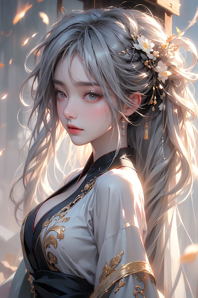 super high quality, masterpiece, Perfect illustration, Very detailed (Exquisite light and shadow, Very dramatic photo,Backlight) , ((Gray Hair:1.5))1 Girl,(( alone:1.6)), (Wearing Han clothes, Black and white Hanfu,Monotony,Long sleeve) Flower Field, Flowers, (White smoke:1.3) (Realistic:1.4), Zen Intertwining, Tangled, Official Art, unity 8k wallpaper, Very detailed, Beautiful and beautiful, masterpiece, Highest quality, (Dynamic Angle: 1.4), Glowing Skin, (Floating colorful flashes: 1) The most beautiful chaotic shapes, elegant, Brutalist Design, Bright colors, Romantic Depth of Field Exotic_dance, half_naked、(Separate sleeves:1.4, Expose your shoulders、Ample breasts、Beautiful cleavage)(from backside)Dynamic pose