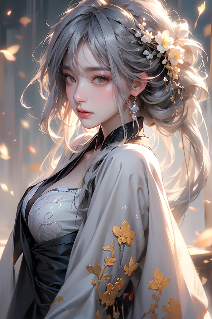 super high quality, masterpiece, Perfect illustration, Very detailed (Exquisite light and shadow, Very dramatic photo,Backlight) , ((Gray Hair:1.5))1 Girl,(( alone:1.6)), (Wearing Han clothes, Black and white Hanfu,Monotony,Long sleeve) Flower Field, Flowers, (White smoke:1.3) (Realistic:1.4), Zen Intertwining, Tangled, Official Art, unity 8k wallpaper, Very detailed, Beautiful and beautiful, masterpiece, Highest quality, (Dynamic Angle: 1.4), Glowing Skin, (Floating colorful flashes: 1) The most beautiful chaotic shapes, elegant, Brutalist Design, Bright colors, Romantic Depth of Field Exotic_dance, half_naked、(Separate sleeves:1.4, Expose your shoulders、Ample breasts、Beautiful cleavage)(from backside)Dynamic pose