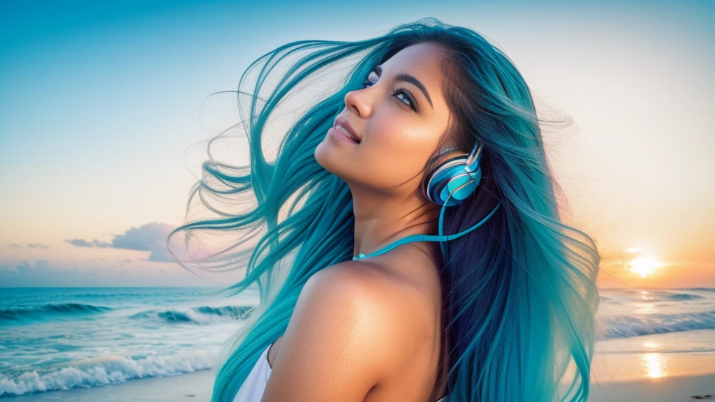 Create a stunning YouTube video thumbnail featuring a beautiful 25-year-old long-haired woman:1. Composition:
- Woman positioned on the right side of the frame, facing slightly to the left
- "I Love Trance" text on the left side
- Tropical beach background Woman's features:
- Long, flowing hair in snow-white color with ethereal blue streaks ,Hair dramatically billowing in the wind
- Striking, expressive eyebrows and long eyelashes
- Elegant, eye-catching makeup
- Wearing futuristic white headphones with neon blue accents,Atmospheric effects:
- Surrounded by a misty aura of blue dust particles
- Gradient of blue and complementary tones in the surrounding mist"I Love Trance" text:Large, volumetric 3D lettering,Vibrant color scheme: gradient from bright carrot orange to deep black,Eastern-inspired calligraphy or decorative elements in the text design,Slightly raised or floating appearance for depth,Background elements:
- Bright, inviting tropical beach scene
- Crystal-clear, turquoise ocean water
- Fine, white sand
- Palm trees swaying gently
- Sky filled with heart-shaped clouds, Lighting and color:Overall warm, golden sunlight washing over the scene,Vibrant, saturated colors throughout
- Subtle lens flare or light leak effect for added atmosphere,Post-processing:
- High contrast for a punchy, eye-catching look
- Slight vignette to draw focus to the center
- Subtle glow around the woman and text for an ethereal feel
8. Additional details:
- Small music notes or sound waves emanating from the headphones
- Faint, colorful energy lines flowing through the image for a sense of movement
- Subtle reflections in the woman's eyes to bring them to life
Aim for a harmonious blend of realism and fantasy, creating an irresistibly attractive and professional-looking thumbnail that captures the essence of trance music and tropical paradise.