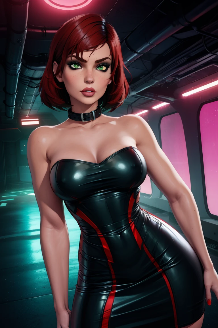 Jane, Alone,short hair,Red hair,green eyes, lips, 
black dress,  red trim, collar, bare shoulders,  sleeveless, 
standing, Upper part of the body, nightclub, neon lights,  hips, tight skin, 
 (incredibly detailed, beautiful detailed face, Masterpiece, Best Quality)
 