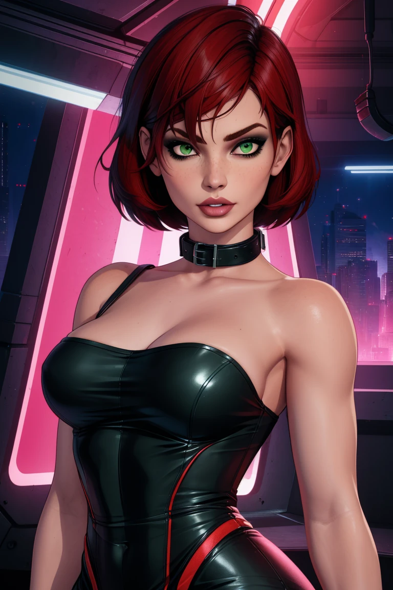 Jane, Alone,short hair,Red hair,green eyes, lips, 
black dress,  red trim, collar, bare shoulders,  sleeveless, 
standing, Upper part of the body, nightclub, neon lights,  hips, tight skin, 
 (incredibly detailed, beautiful detailed face, Masterpiece, Best Quality)
 