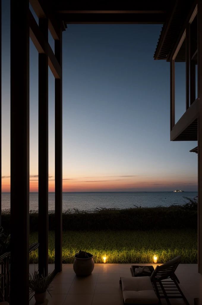 Sea of night,field,the sky is pitch black,No moon,View from the villa,Realistic,More realistic,Seaside terrace,8K Ultra HD, Digital SLR, Party Venue,Midnight Sea,View from the terrace,空にNo moon