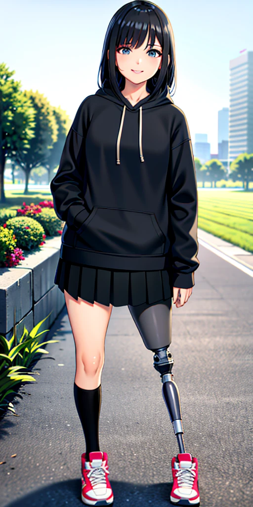 best quality, 1girl, solo, standing, outdoors, medium hair, black hair, straight hair, looking at viewer, medium breasts,  (prosthetic leg:1.2), full body, smiling, (skirt:1.2), two prosthetic legs, sneakers, lycra skirt, oversized_hoddie, black oversized_hoddie. 