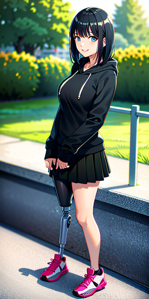 best quality, 1girl, solo, standing, outdoors, medium hair, black hair, straight hair, looking at viewer, medium breasts,  (prosthetic leg:1.2), full body, smiling, (skirt:1.2), two prosthetic legs, sneakers, lycra skirt, oversized_hoddie, black oversized_hoddie. 