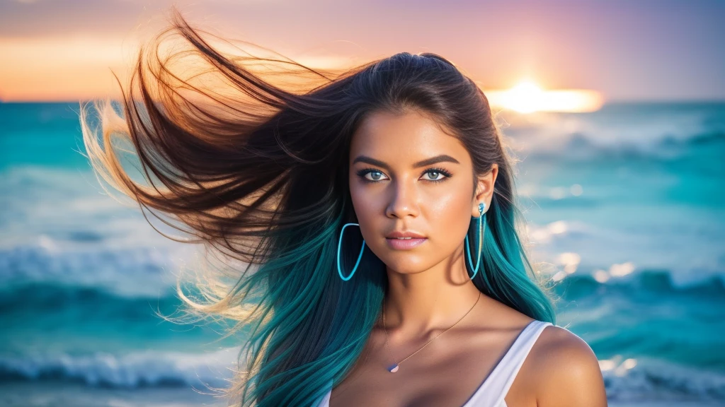 Create a stunning YouTube video thumbnail featuring a beautiful 25-year-old long-haired woman:1. Composition:
   - Woman positioned on the right side of the frame, facing slightly to the left
   - "I Love Trance" text on the left side
   - Tropical beach background Woman's features:
   - Long, flowing hair in snow-white color with ethereal blue streaks ,Hair dramatically billowing in the wind
   - Striking, expressive eyebrows and long eyelashes
   - Elegant, eye-catching makeup
   - Wearing futuristic white headphones with neon blue accents,Atmospheric effects:
   - Surrounded by a misty aura of blue dust particles
   - Gradient of blue and complementary tones in the surrounding mist"I Love Trance" text:Large, volumetric 3D lettering,Vibrant color scheme: gradient from bright carrot orange to deep black,Eastern-inspired calligraphy or decorative elements in the text design,Slightly raised or floating appearance for depth,Background elements:
   - Bright, inviting tropical beach scene
   - Crystal-clear, turquoise ocean water
   - Fine, white sand
   - Palm trees swaying gently
   - Sky filled with heart-shaped clouds, Lighting and color:Overall warm, golden sunlight washing over the scene,Vibrant, saturated colors throughout
   - Subtle lens flare or light leak effect for added atmosphere,Post-processing:
   - High contrast for a punchy, eye-catching look
   - Slight vignette to draw focus to the center
   - Subtle glow around the woman and text for an ethereal feel

8. Additional details:
   - Small music notes or sound waves emanating from the headphones
   - Faint, colorful energy lines flowing through the image for a sense of movement
   - Subtle reflections in the woman's eyes to bring them to life

Aim for a harmonious blend of realism and fantasy, creating an irresistibly attractive and professional-looking thumbnail that captures the essence of trance music and tropical paradise.