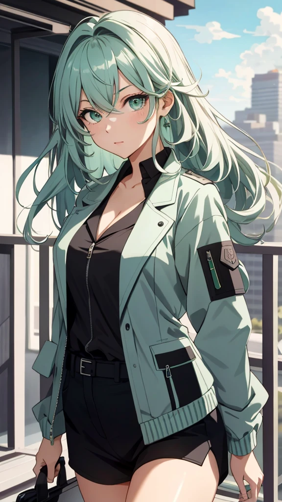 1 girl 20 year old , long green hair, (black eyes:1.5), pink cheeks, serious BREAK, determined face, determined expression, Acceptable, BREAK (masterpiece:1.2), Quality best, high resolution award, advanced details, perfect image quality, standing, encouraging, seductive, perfect figure, (green-white jacket:1.5), upper body, cheeks pink, blush sticker, cleavage, collarbone, duel monster, pentagram , BREAK looking at viewer, BREAK rooftop, high resolution, unity wallpaper 8k, (illustration:0.8), (beautiful detailed eyes:1.6), extremely detailed face, perfect lighting, extremely detailed CG, (perfect hands, perfect anatomy), Right hand holding pistol