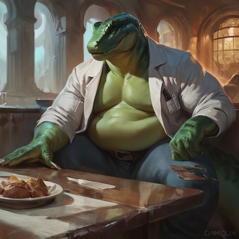The lizard from spiderman, overweight body, fat belly, (weightchubby:1.8), torn pants, torn lab coat, ferocious, concept art, hi res, masterpiece, absurd res, 2023, extreme detail, solo, by nomax, by oouna, by darkgem, restaurant, sitting, food on table