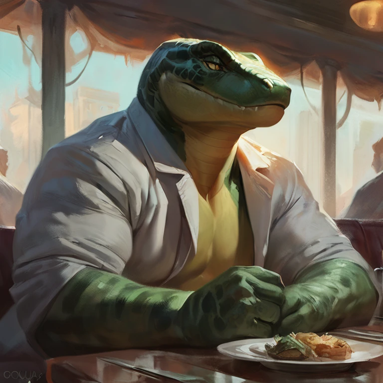 The lizard from spiderman, overweight body, fat belly, (weightchubby:1.8), torn pants, torn lab coat, ferocious, concept art, hi res, masterpiece, absurd res, 2023, extreme detail, solo, by nomax, by oouna, by darkgem, restaurant, sitting, food on table