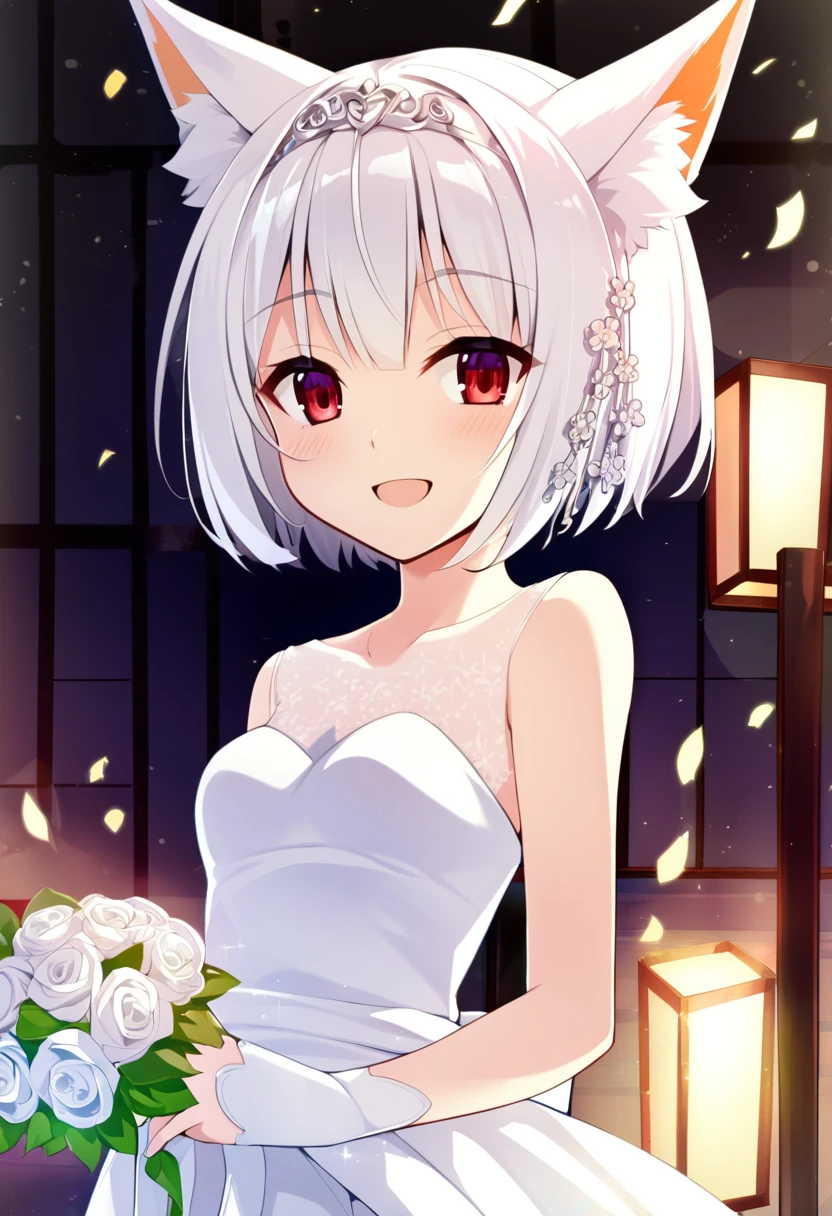 one girl, fox ears, white hair, red eyes, sacred, beauty, naive, , looks happy, medium breasts, wedding dress