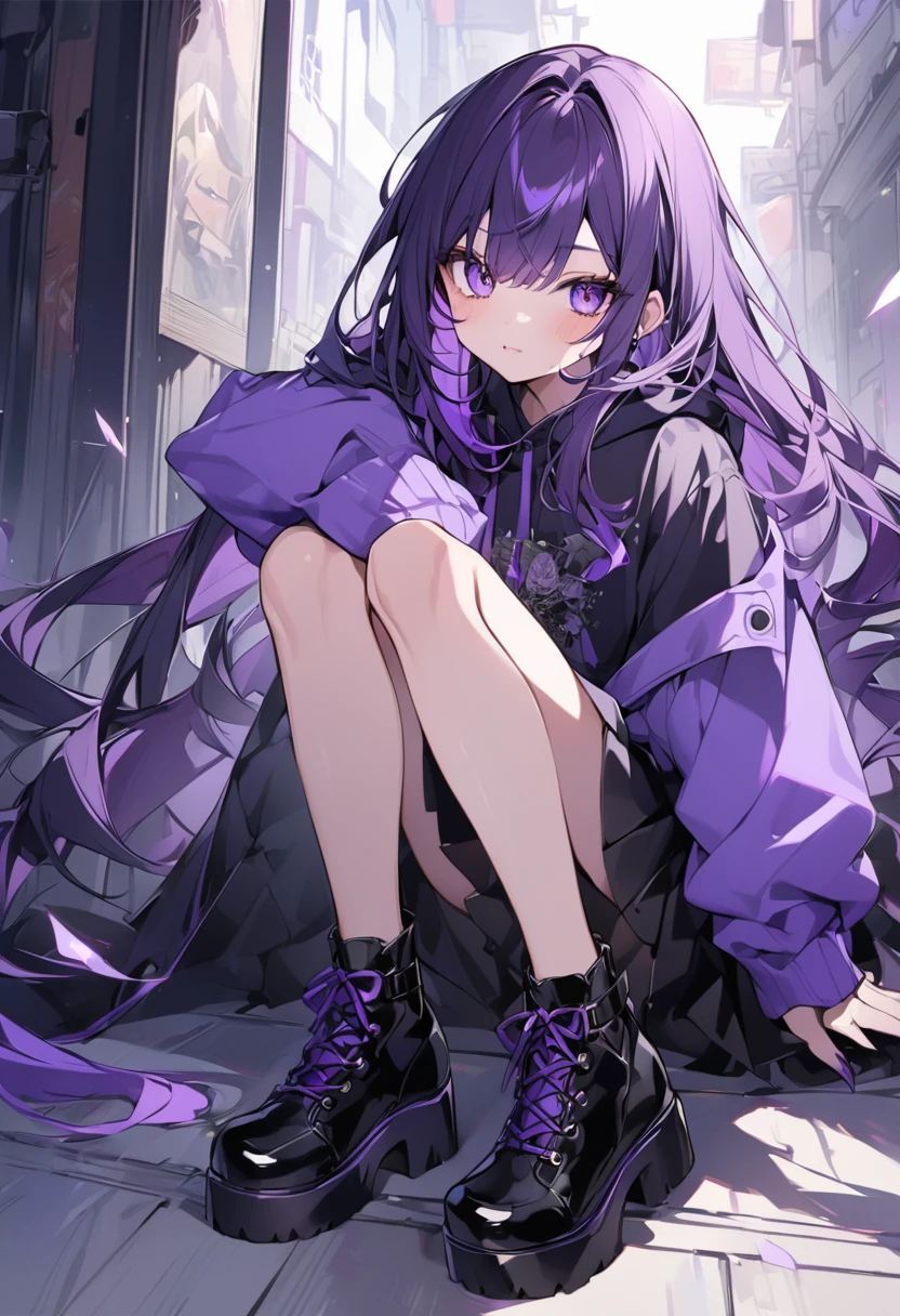 Kate。Purple Eyes。Purple Hair。Purple hoodie。Black Skirt。Black shoes下。Black shoes。