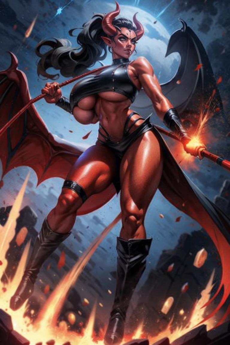 Red skin succubus tiefling, full breasts, gigantic breasts, black horns, wings, huge tail, black leather, crop top, long flowing pelvic curtain, tall, athletic, graceful, thin, long black ponytail. Action scene, whip. Dark scene, explosions, night sky.