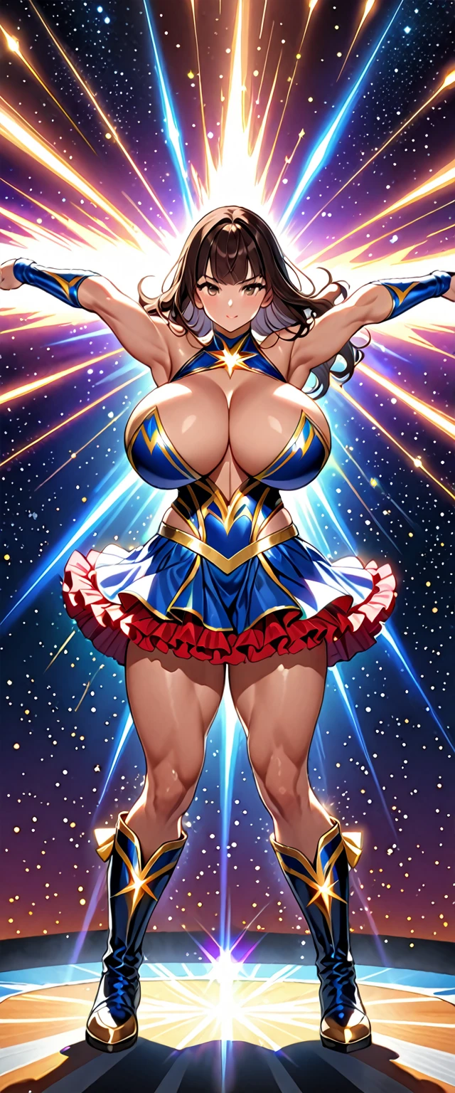 Create an image of a girl, barefoot, ((((sagging massive breasts)))), (matching gloves and boots). she (Dark-haired brunette with bangs, wearing skirt with frill, (((intricate)) wrestling outfit). wrestler, muscle, she is standing with legs apart and raised arms, Each one is enveloped in a shining aura.. Outer space background, Cowboy Shot, Severe. masterpiece, Highest quality, employment. Diffraction Spikes, Particles of light.
