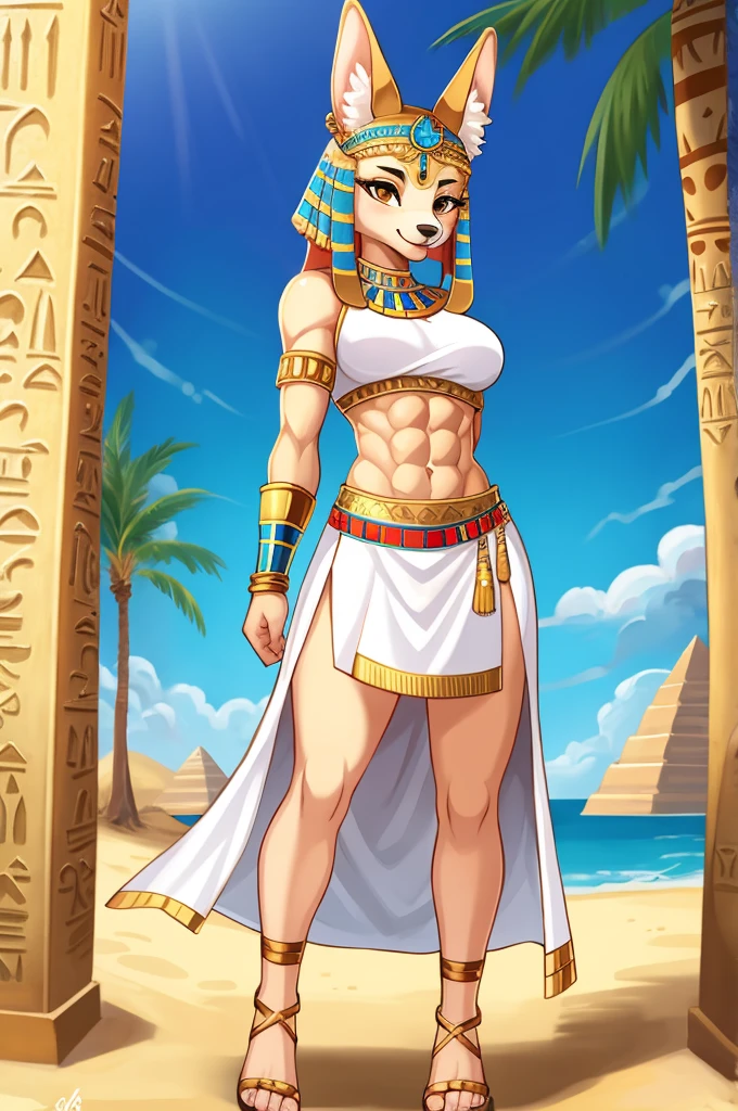 female anibus with rock hard abs wearing a crop top white sleeveless Egyptian dress with skirt, dog, anthro, female, digital art