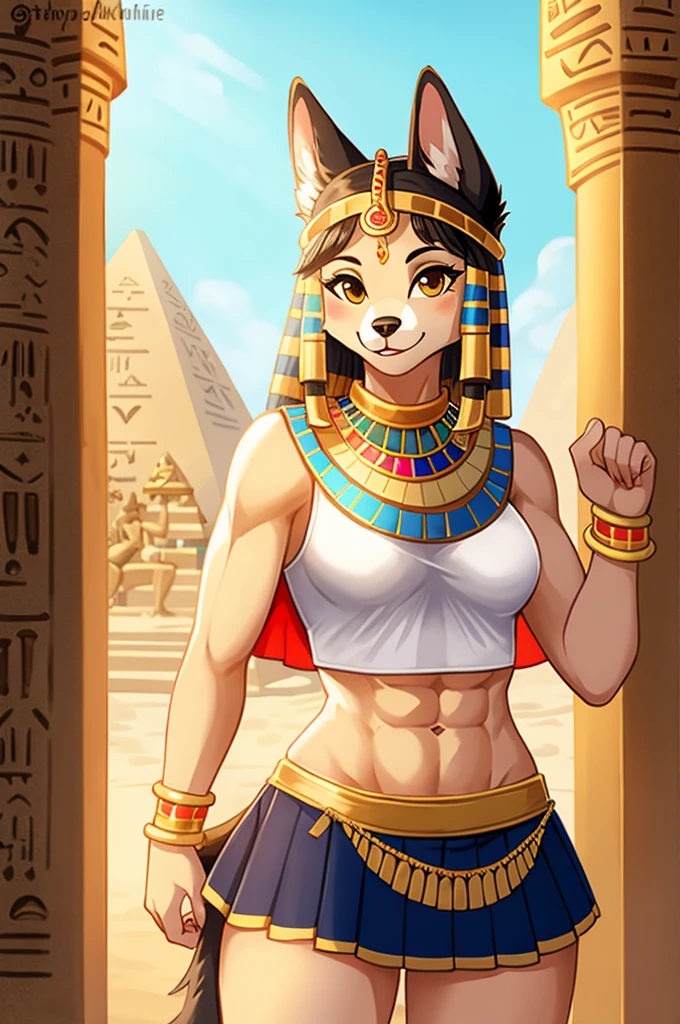 female anibus with rock hard abs wearing a crop top white sleeveless Egyptian dress with skirt, dog, anthro, female, digital art