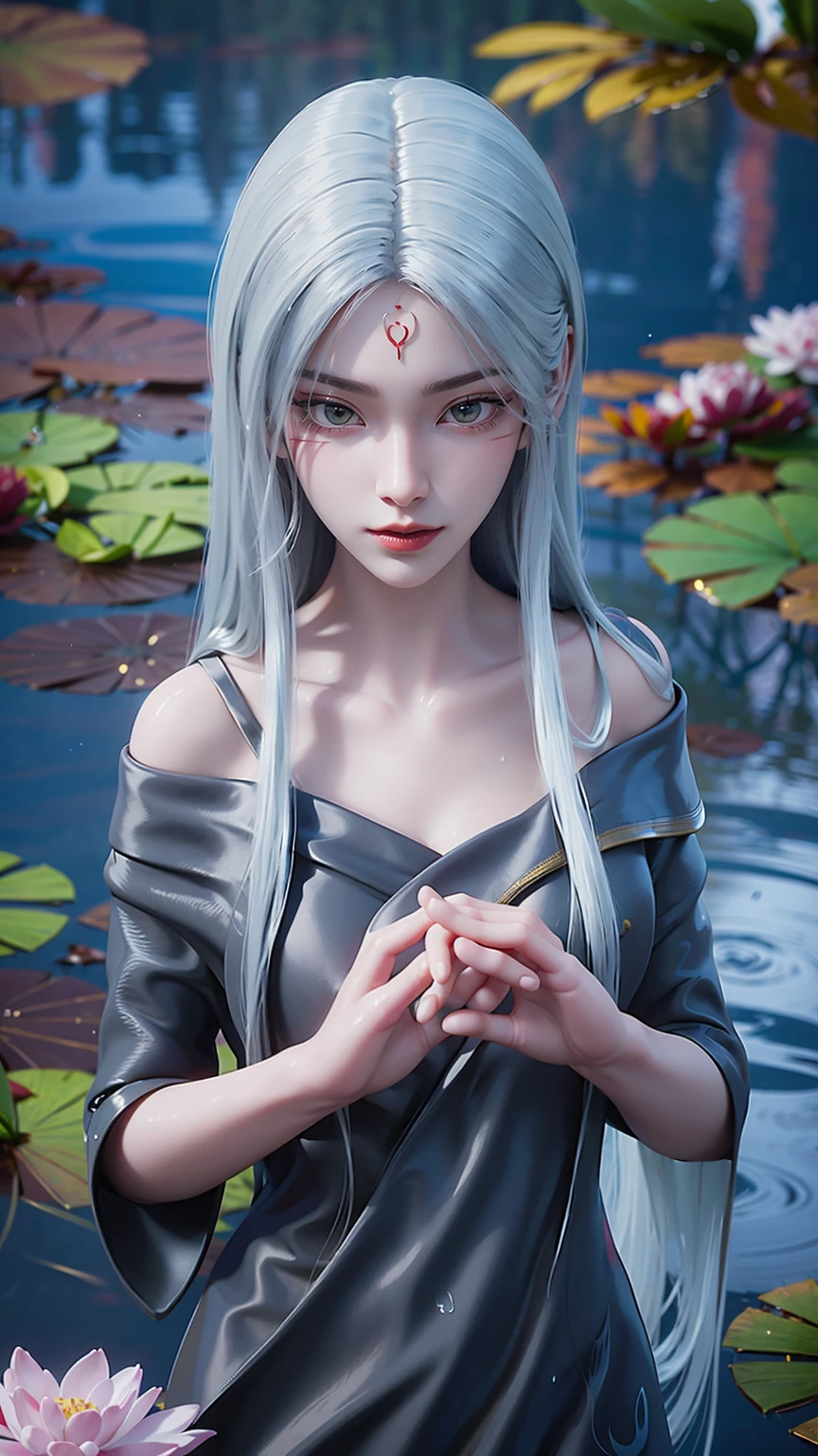 a girl bathing in water, water flowing over her shoulders and above, no clothes, hands placed in front of her chest covering her breasts, blue glowing lotus flowers on the water surface, only her shoulders visible above the water