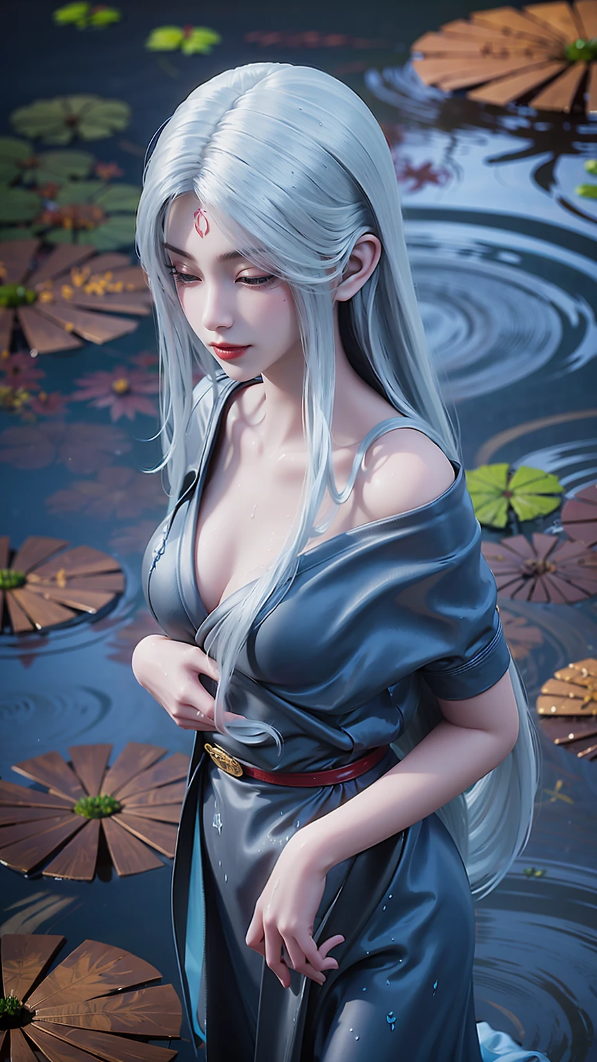 a girl bathing in water, water flowing over her shoulders and above, no clothes, hands placed in front of her chest covering her breasts, blue glowing lotus flowers on the water surface, only her shoulders visible above the water