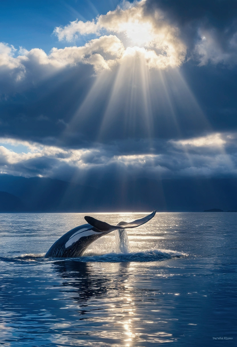 una ballena azul, nadando entre las nubes, una sirena aun lado de la ballena, Impressionism, glowing light, ray tracing, Canon, Sony FE, 16k, highres, best quality, award winning, high quality, high details, super detail, accurate, masterpiece, UHD