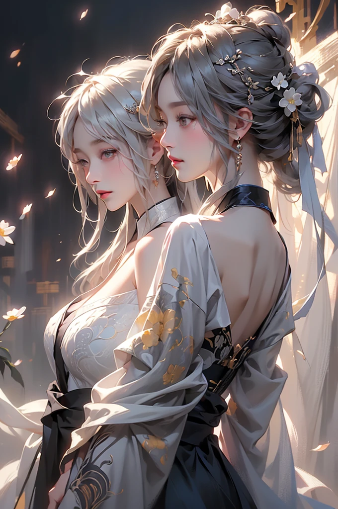 super high quality, masterpiece, Perfect illustration, Very detailed (Exquisite light and shadow, Very dramatic photo,Backlight) , ((Gray Hair:1.5))1 Girl,(( alone:1.6)), (Wearing Han clothes, Black and white Hanfu,Monotony,Long sleeve) Flower Field, Flowers, (White smoke:1.3) (Realistic:1.4), Zen Intertwining, Tangled, Official Art, unity 8k wallpaper, Very detailed, Beautiful and beautiful, masterpiece, Highest quality, (Dynamic Angle: 1.4), Glowing Skin, (Floating colorful flashes: 1) The most beautiful chaotic shapes, elegant, Brutalist Design, Bright colors, Romantic Depth of Field Exotic_dance, half_naked、(Separate sleeves:1.4, Expose your shoulders、Ample breasts、Beautiful cleavage).((from backside)).Dynamic pose
