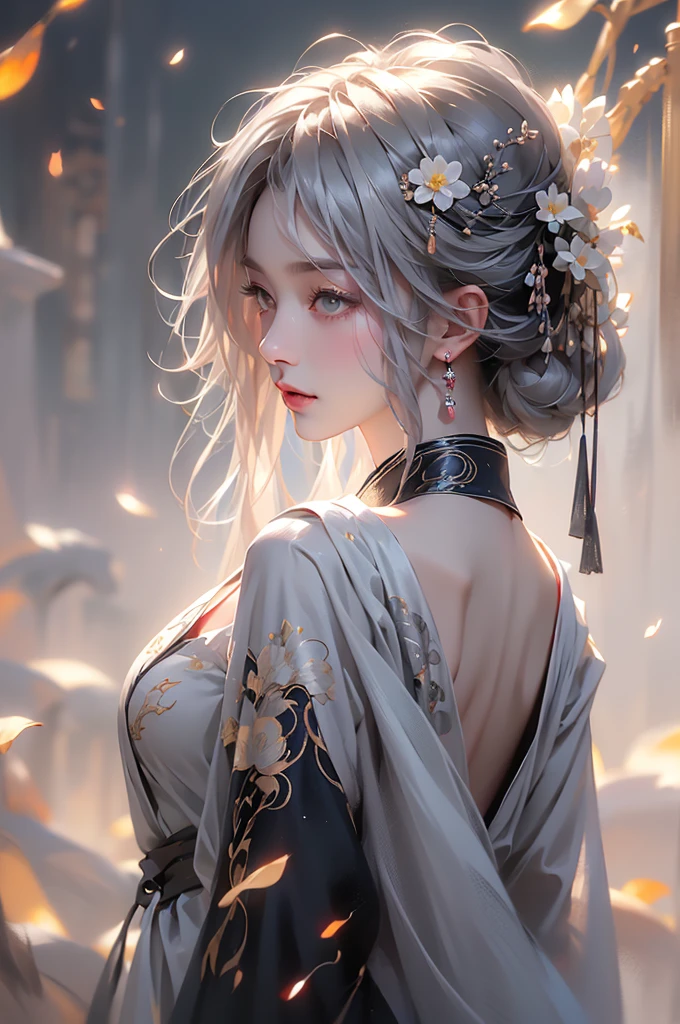 super high quality, masterpiece, Perfect illustration, Very detailed (Exquisite light and shadow, Very dramatic photo,Backlight) , ((Gray Hair:1.5))1 Girl,(( alone:1.6)), (Wearing Han clothes, Black and white Hanfu,Monotony,Long sleeve) Flower Field, Flowers, (White smoke:1.3) (Realistic:1.4), Zen Intertwining, Tangled, Official Art, unity 8k wallpaper, Very detailed, Beautiful and beautiful, masterpiece, Highest quality, (Dynamic Angle: 1.4), Glowing Skin, (Floating colorful flashes: 1) The most beautiful chaotic shapes, elegant, Brutalist Design, Bright colors, Romantic Depth of Field Exotic_dance, half_naked、（Separate sleeves:1.4, Expose your shoulders、Ample breasts、Beautiful cleavage）.((from backside)).Dynamic pose
