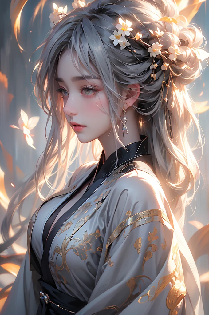 super high quality, masterpiece, Perfect illustration, Very detailed (Exquisite light and shadow, Very dramatic photo,Backlight) , ((Gray Hair:1.5))1 Girl,(( alone:1.6)), (Wearing Han clothes, Black and white Hanfu,Monotony,Long sleeve) Flower Field, Flowers, (White smoke:1.3) (Realistic:1.4), Zen Intertwining, Tangled, Official Art, unity 8k wallpaper, Very detailed, Beautiful and beautiful, masterpiece, Highest quality, (Dynamic Angle: 1.4), Glowing Skin, (Floating colorful flashes: 1) The most beautiful chaotic shapes, elegant, Brutalist Design, Bright colors, Romantic Depth of Field Exotic_dance, half_naked、（Separate sleeves:1.4, Expose your shoulders、Ample breasts、Beautiful cleavage）.((from backside)).Dynamic pose

