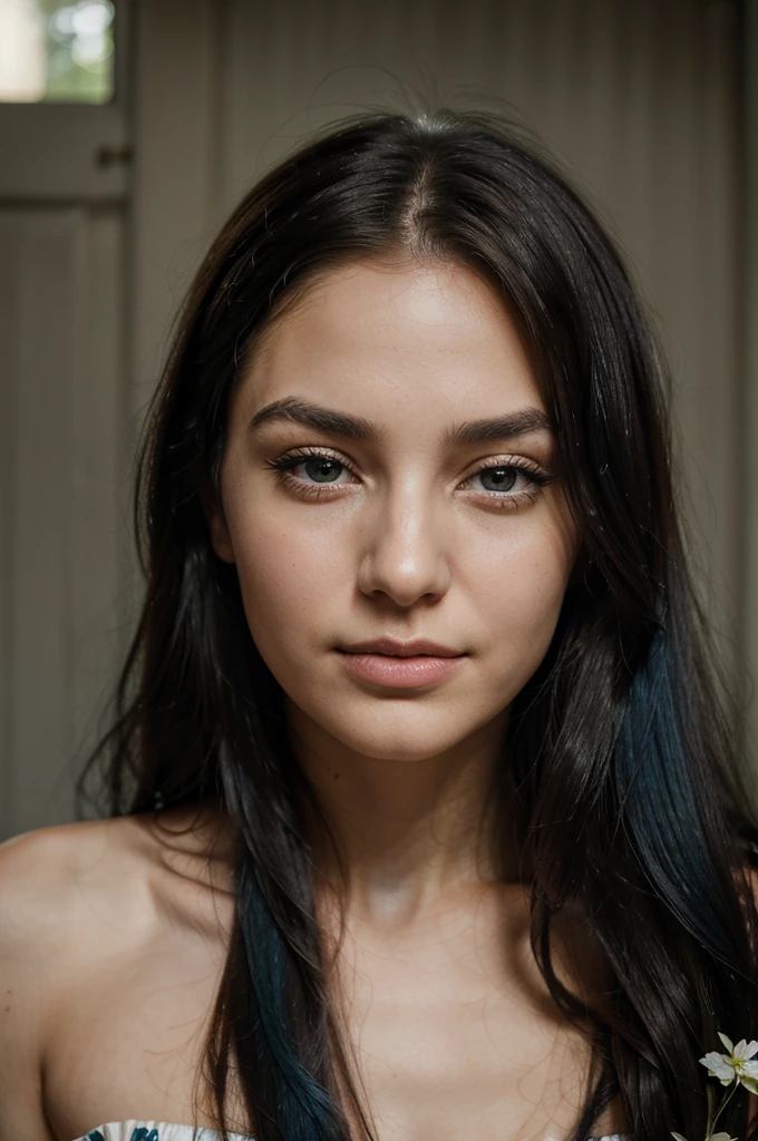 A girl with long blue hair. Her face is exquisite, with high cheekbones and smooth fair skin. Her large black eyes, framed by long thick eyelashes, are impressive and expressive, radiating calmness and confidence. Well-defined eyebrows curve gracefully above her eyes, adding intensity to her gaze. She has a small, straight nose and full, slightly parted lips that curve into a slight smile, revealing hints of mischief and allure. a beautiful award winning full length portrait of a  maiden wearing a chic floral dress, she is outdoors, holding a dainty bouquet of precisely arranged wild flowers, minimalistic composition, very dramatic lighting, in the style of Wes Anderson, hints of David Lynch, rule of thirds, Hasselblad X2D, portrait lens, magical mood