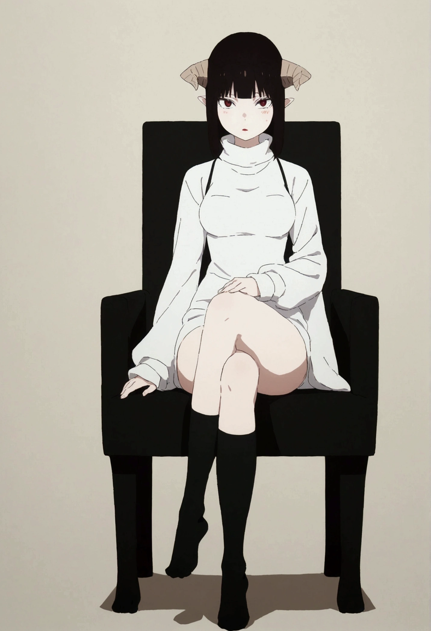 (work of art, ultra detali,high resolution,8K), 1 girl ,standing alone,hinterland,Look to viewer, TochaTortura, trunk,sheen,brunette skin,sitting on a chair,legs crossed,,black socks,horns on head,He would be,face red,blushed,staring overhead,White sweater,stocking preta