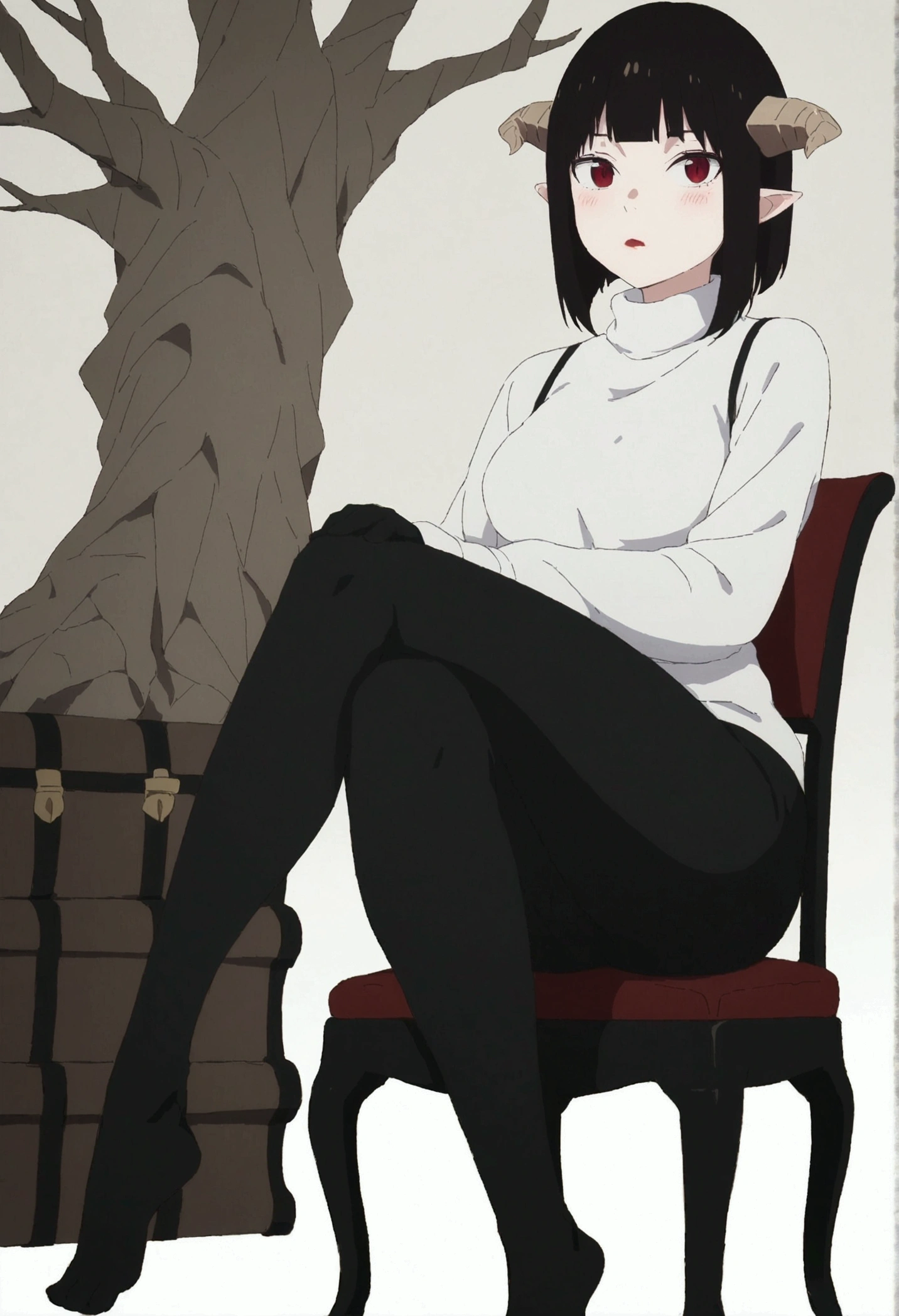 (work of art, ultra detali,high resolution,8K), 1 girl ,standing alone,hinterland,Look to viewer, TochaTortura, trunk,sheen,brunette skin,sitting on a chair,legs crossed,,black socks,horns on head,He would be,face red,blushed,staring overhead,White sweater,stocking preta