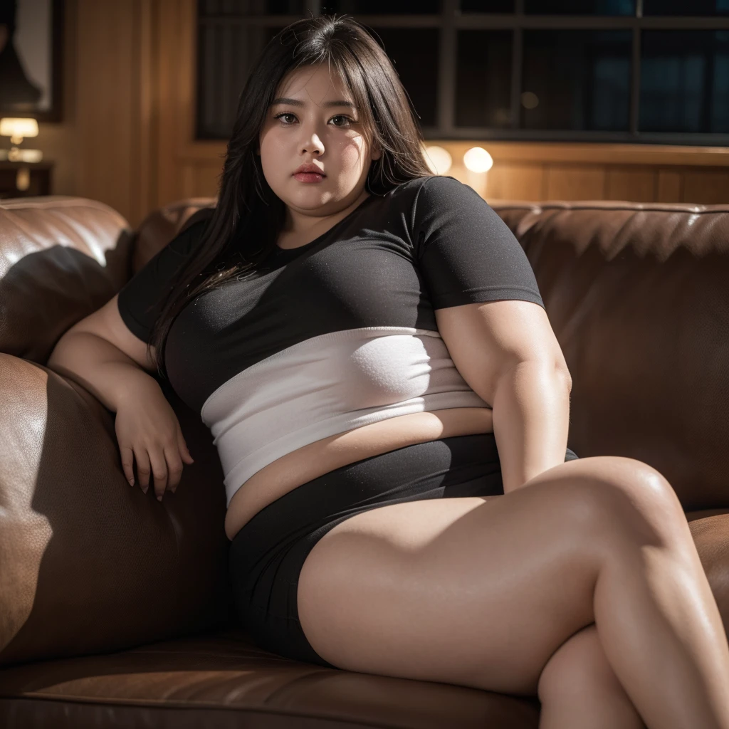 a very fat 10 years girl , obese , extremely obese , sitting on sofa , (best quality,4k,8k,highres,masterpiece:1.2),ultra-detailed,(realistic,photorealistic,photo-realistic:1.37),HDR,UHD,studio lighting,ultra-fine painting,sharp focus,physically-based rendering,extreme detail description,professional,vivid colors,bokeh,dark,moody,dramatic lighting