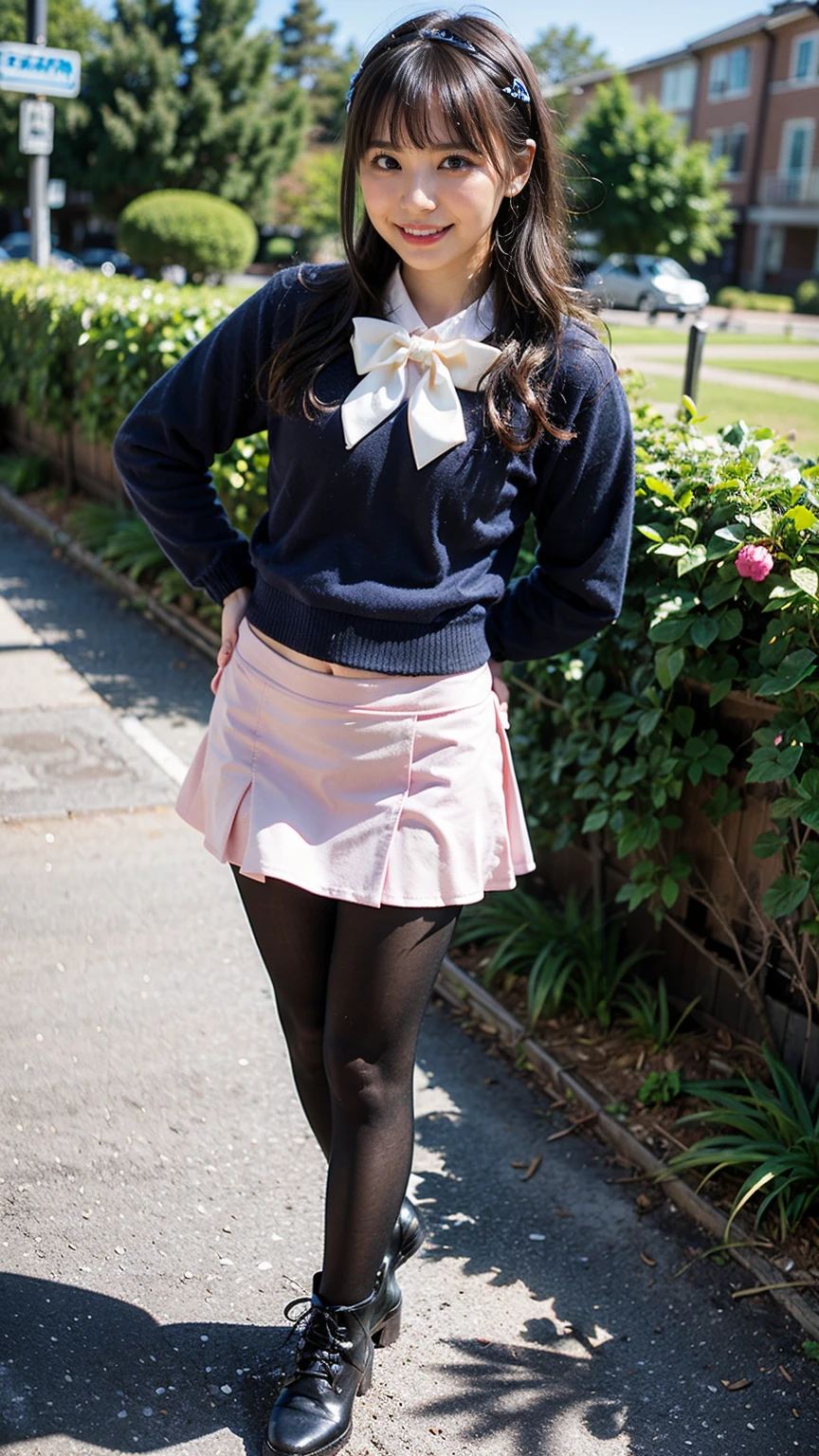 (8K、RAW Photos、Highest quality、masterpiece:1.2)、(Highest quality、Realistic)、1 Girl、((Tube top、mini skirt、Idol Costume、ribbon、Medium Hair、See-through、tights、smile、Pink and black、Thin legs、whole body、boots、garden、View from the front、Looking into the camera、Stand with hands on hips))、cute
