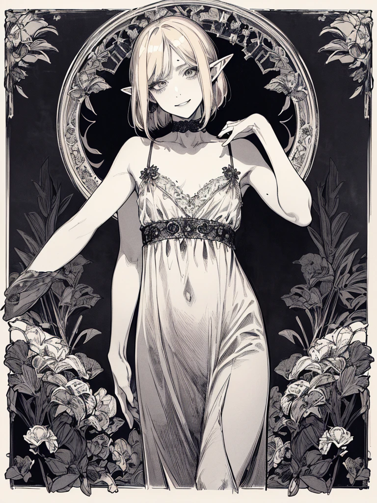 Highest quality, (Background details), High Contrast, Very beautiful , Detailed original illustrations,Very small stature、Baby Face、Villain、Elf, Wavy platinum blonde hair、Bob Cut Hair、 Delicate face, Naughty ???、White sundress、Real breasts, Flat Chest、Crazy Smile, Crazy Eyes, Black background, (Black background: 1. 5), Beautiful line art, Monochrome