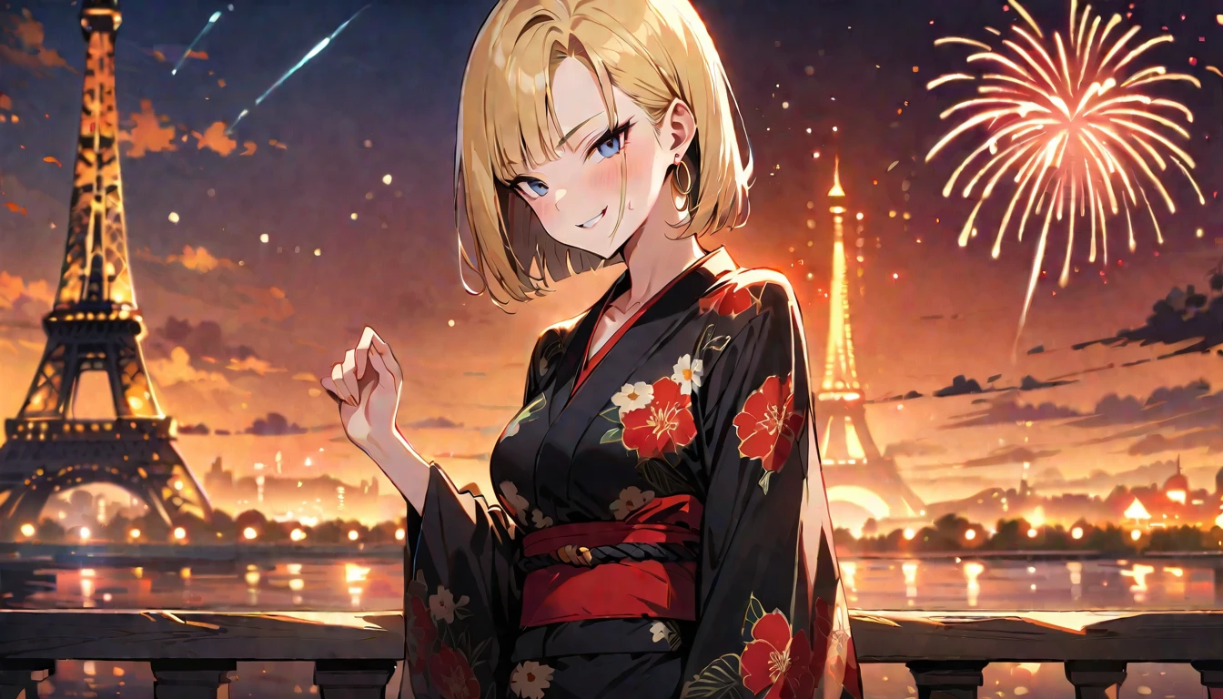 (masterpiece, best quality:1.2),1girl, (solo), Android 18 from Dragon Ball, ((floral print black kimono)), medium breasts, blunt bangs, blonde short hair, black eyes, earrings on earlobes, slim, slender feminine figure, skinny body, blush, magnificent view, blur background, 4K, the Eiffel Tower, firework, collarbone, looking at fireworks, riverside, evil smile