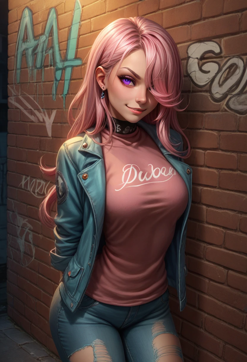 score_9, score_8_up, score_7_up, detailed, 1girl, solo, intricate details, chromatic aberration, realistic, long hair, pink hair, red head ornament, pink highlights, hair over one eye, purple eyes, earrings, sharp eyes, choker, neon shirt, torn legwear, open jacket, turtleneck sweater, night, against wall, brick wall, graffiti, dim lighting, alley, looking at viewer, sexy, smirk