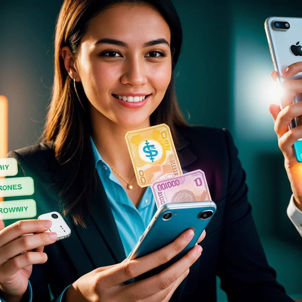 Ultra-realistic, high-quality image of a person confidently using a smartphone, with vibrant, glowing money flowing out of the screen. The person should appear successful and motivated, set in a modern, professional environment. The background should subtly highlight elements of financial growth and online business success to attract and inspire viewers.