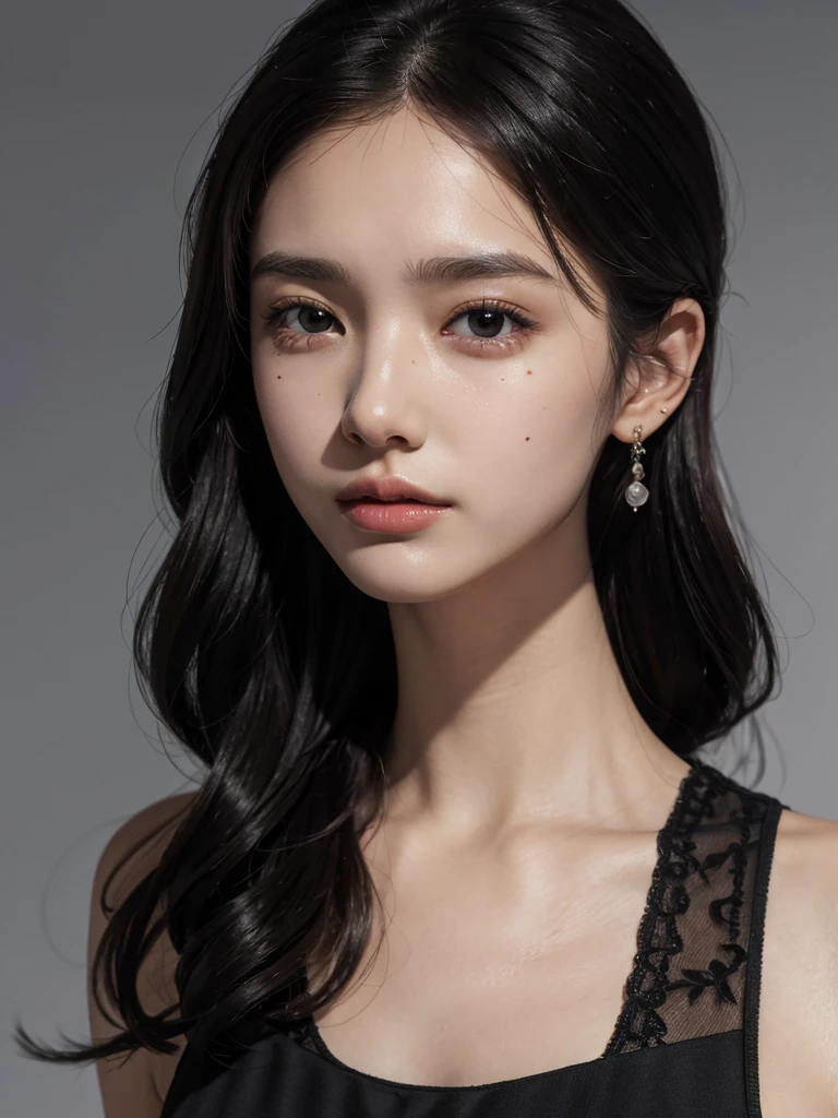 absurdres, RAW photo, extremely delicate and beautiful, masterpiece, Best Quality, ultra high resolution, 32k, hyperrealistic, ultra-detailed, perfect figure, Perfect Style, Perfect balance, in her 20s, very small head, very small face, delicate facial features, tearful mole, earring, very huge breasts, bare legs, full body shot, medium hair, black hair, jiangshi, bare shoulders, collarbone,