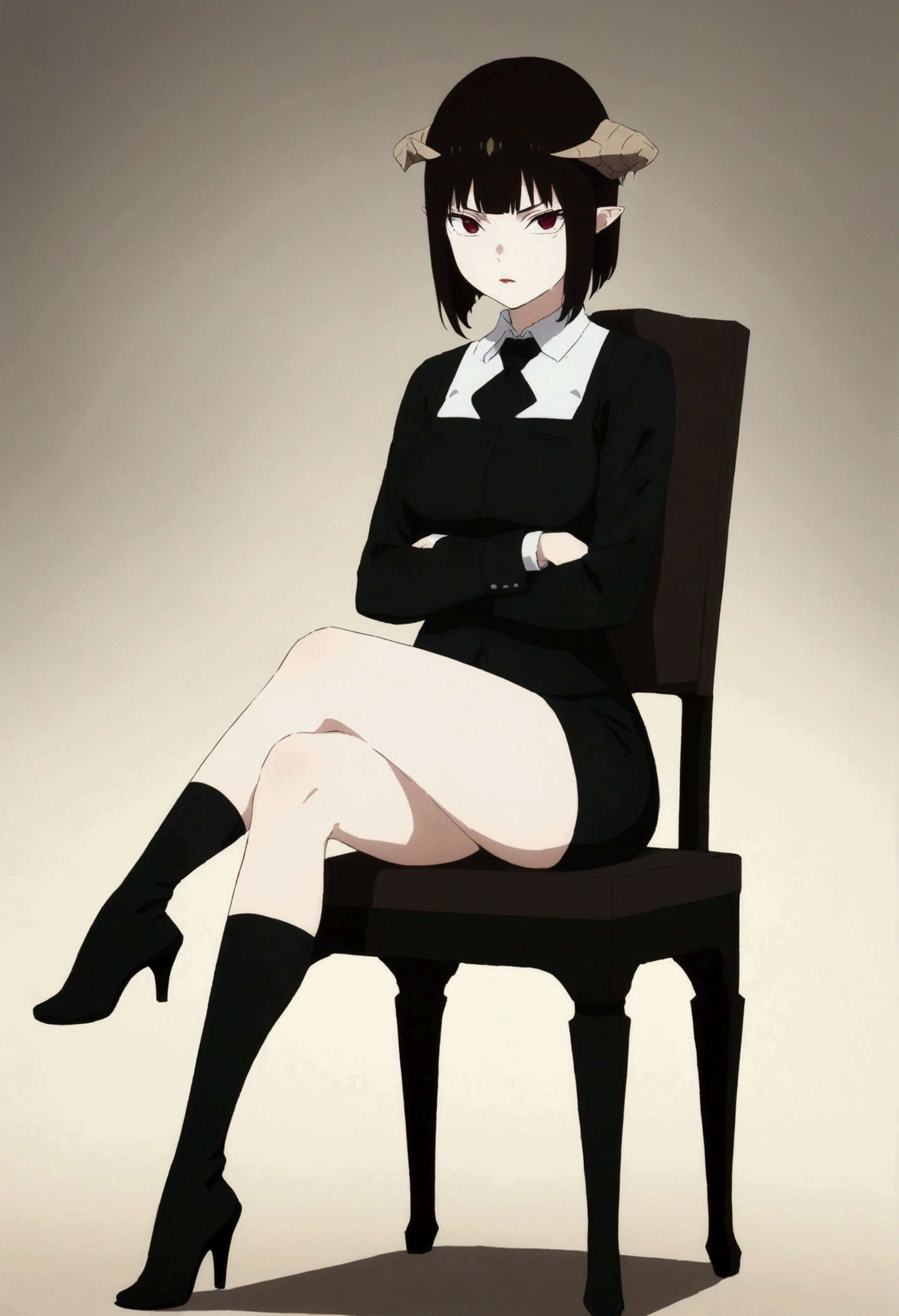 (work of art, ultra detali,high resolution,8K), 1 girl ,standing alone,hinterland,Look to viewer, TochaTortura, trunk,sheen,brunette skin,sitting on a chair,legs crossed,,black socks,horns on head,serious look,staring overhead
