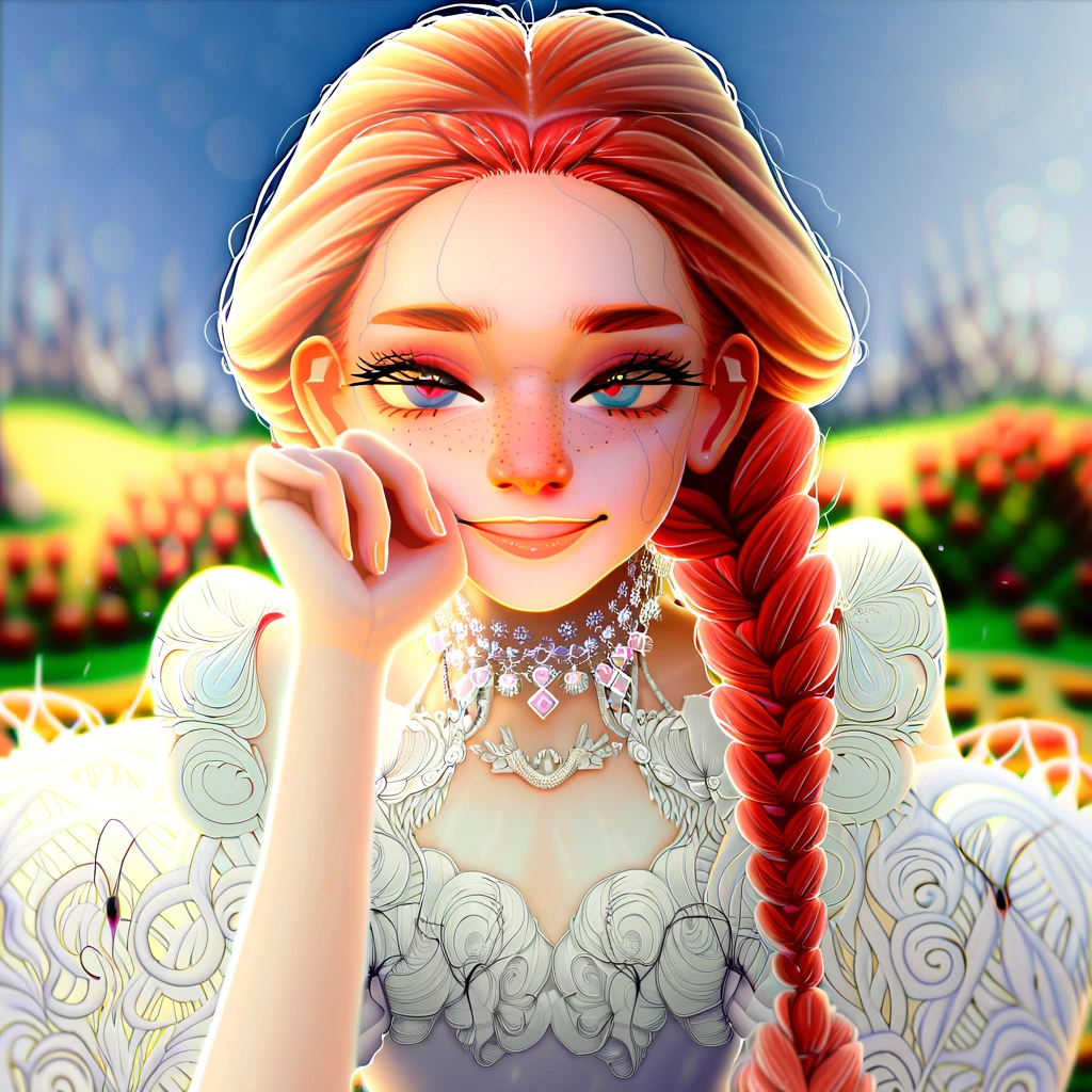 portrait of a stunning young redhead woman looking at camera,braids,very happy gaze,dimples,flirt,cute gummy smile with nose wrinkles,shy,her hand holding chin,attractive features,expressive eyes,perfect face,makeup enhancements,fancy dress, shoulder,sunny landscape in background,striking photorealism,trending on artstation,featured on pixiv,cinematic composition,dynamic pose,beautiful lighting,sharp,details,hyper-detailed,Sony/Zeiss 90mm,f/2.8,shutter speed of 1/500s,WLOP,HDR,32k,masterpiece,best quality